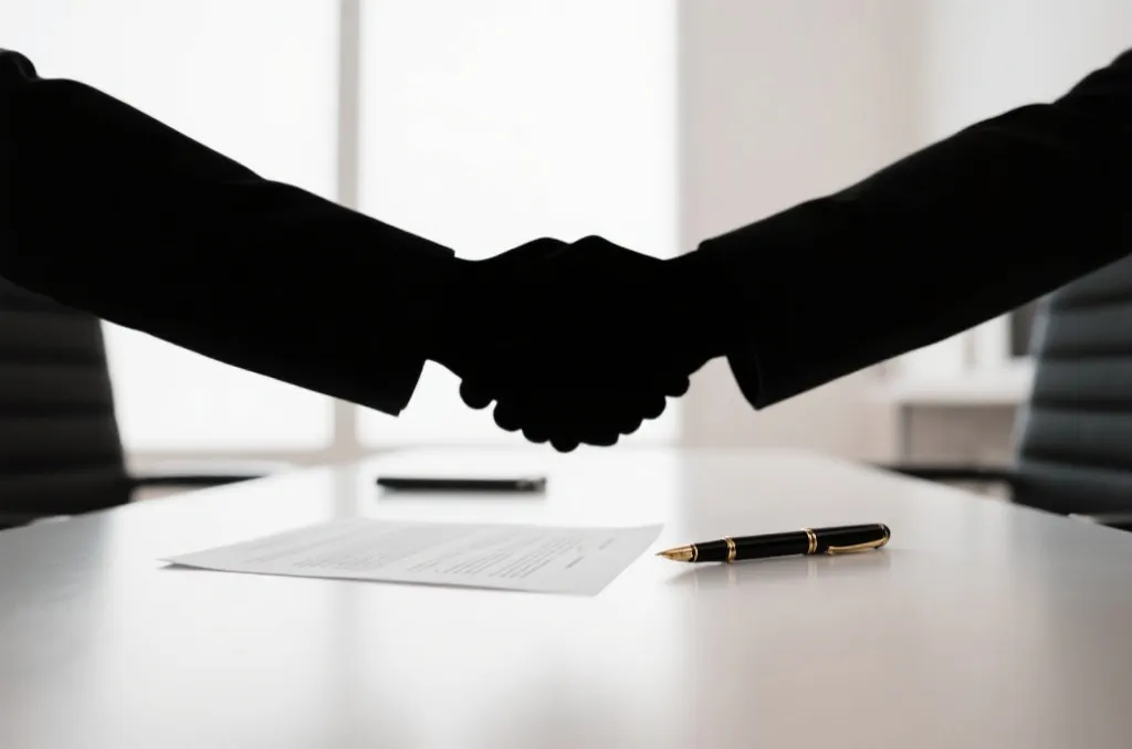 A professional workplace with a signed agreement document and fountain pen representing fair arbitration and resolution